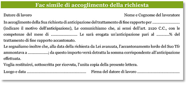 Fac simile di accoglimento della richiesta